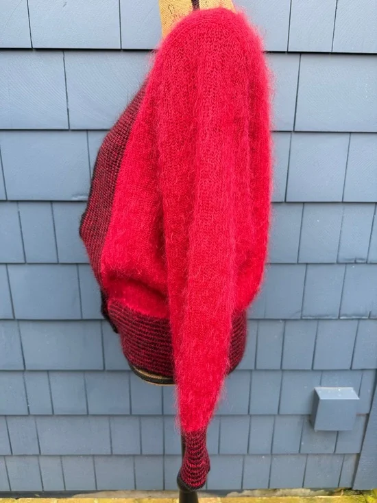 Vintage Red Fuzzy Cardigan with Black Trim Dar Genie Mohair blend med - Picture 5 of 7